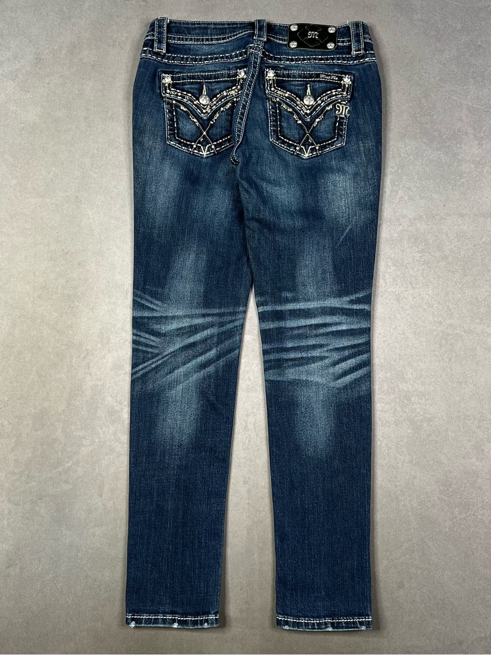 Miss Me Dark Blue Jeans with Embroidered Pockets Mid Rise Y2K